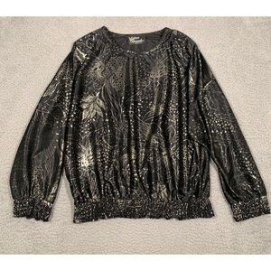 Vintage Silver Threads Blouse Black Leaf Print Gathered Medium M‎ Whimsigoth USA